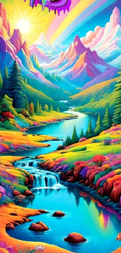 Vibrant mountain landscape with a colorful river and sunrise.