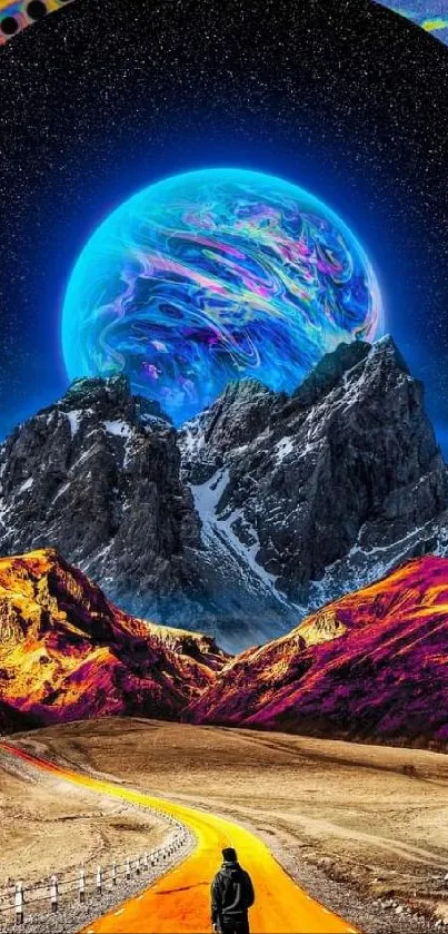 Vibrant fantasy landscape with mountains and cosmic features.