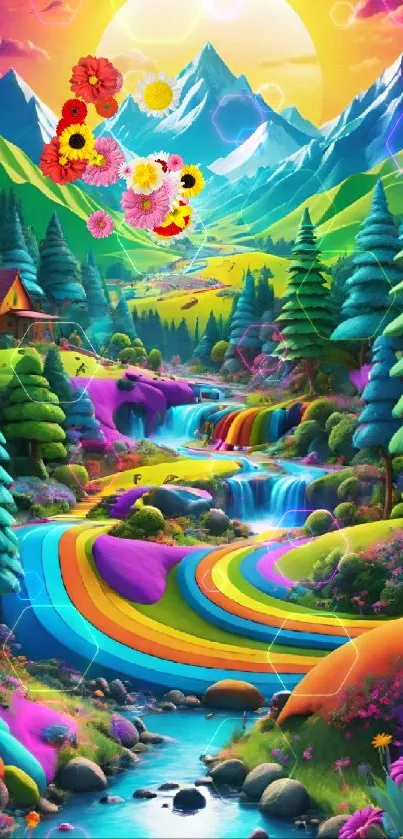 Colorful fantasy mountain landscape with vibrant hues.