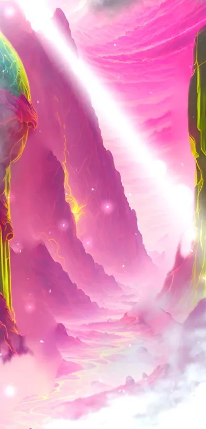 Vibrant fantasy landscape with pink and green mountains