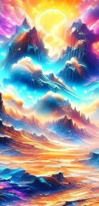 Vibrant fantasy landscape with colorful skies and mystical mountains.