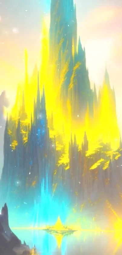 Vibrant fantasy mountain with glowing peaks and serene waters in a colorful landscape.