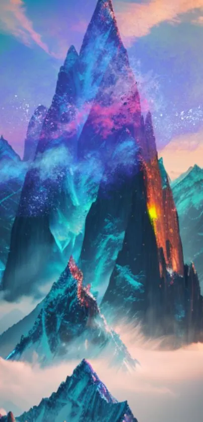 Vibrant mountain landscape wallpaper with ethereal colors and peaks.