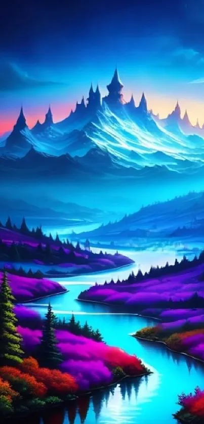 Vibrant fantasy mountain landscape with a glowing river and colorful foliage.