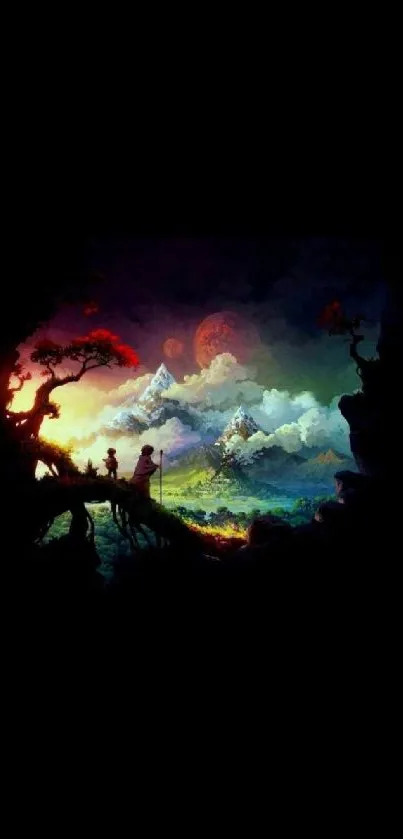 Vibrant fantasy landscape with colorful mountains on mobile wallpaper.