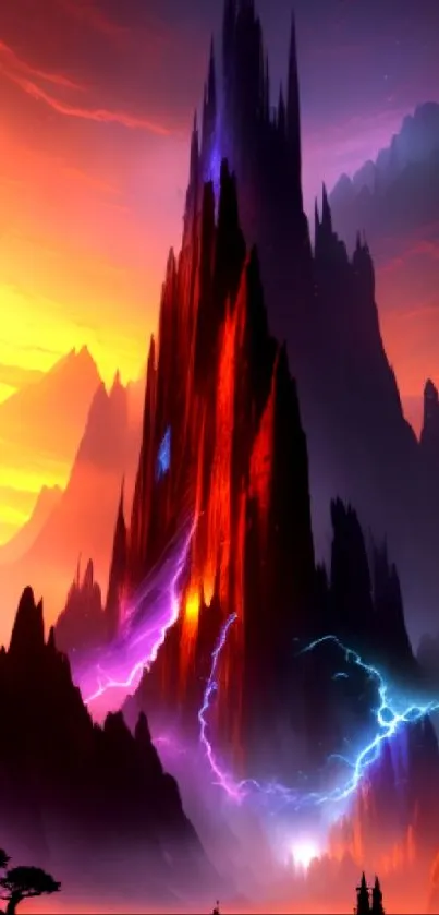 Epic fantasy mountain landscape with vibrant colors and dramatic lighting.