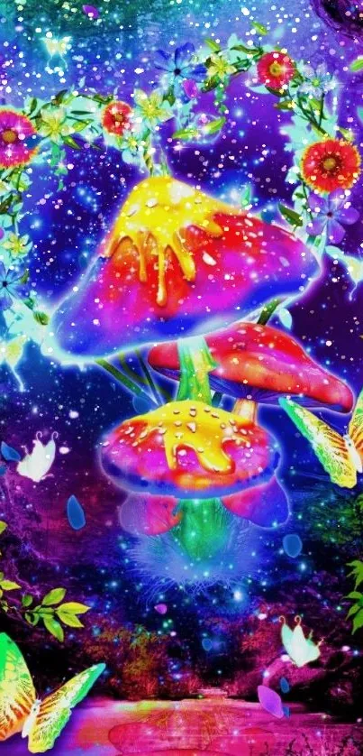 Vibrant mushroom fantasy art with glowing butterflies and flowers