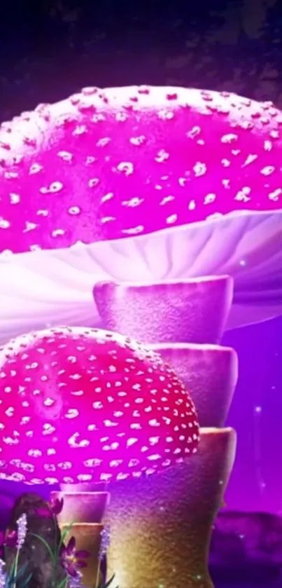 Vibrant pink mushroom fantasy wallpaper with glowing hues.