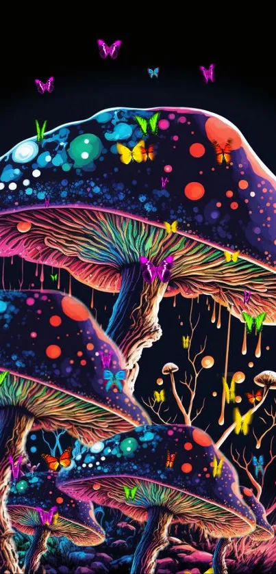 Vibrant fantasy mushroom artwork with neon colors on a black background.