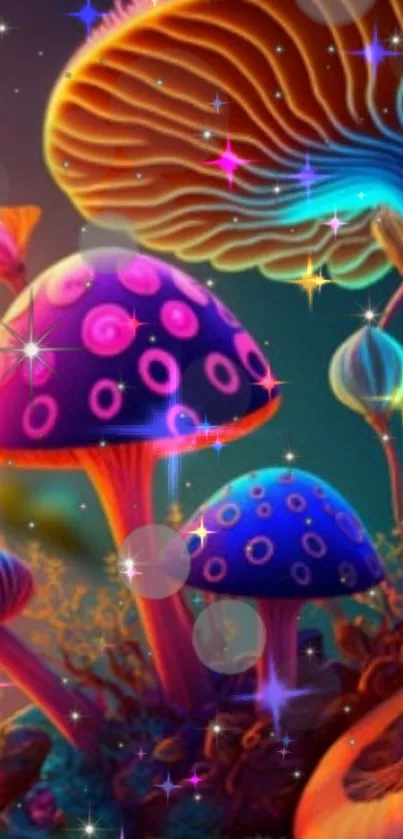 Vibrant fantasy mushroom wallpaper with glowing neon fungi.