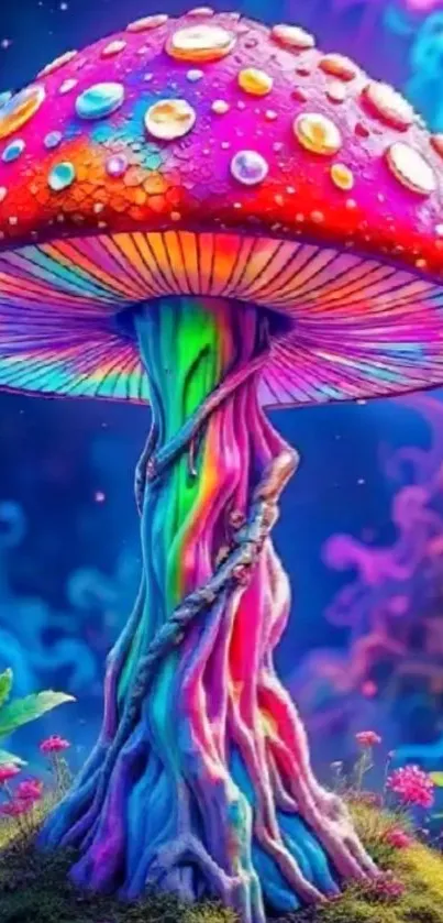 Colorful fantasy mushroom art in a surreal setting.
