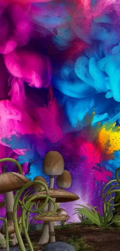 Colorful fantasy wallpaper with mushrooms and vibrant clouds.