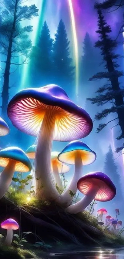 Colorful fantasy mushrooms in a magical forest setting.