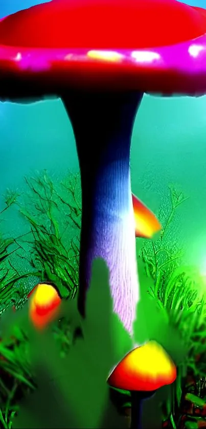 Vibrant mushroom forest with glowing fungi.