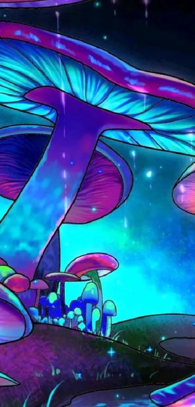 Vibrant, glowing fantasy mushrooms in a colorful forest scene.