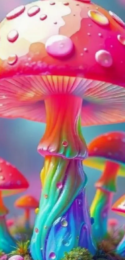 Vibrant rainbow-colored mushroom wallpaper under mystical light.