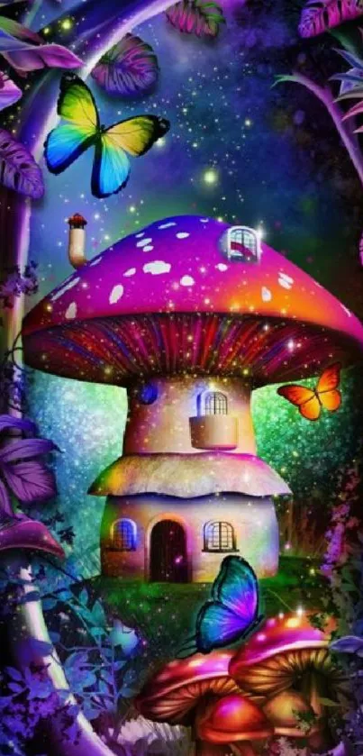 Fantasy wallpaper showing a colorful mushroom house with butterflies.