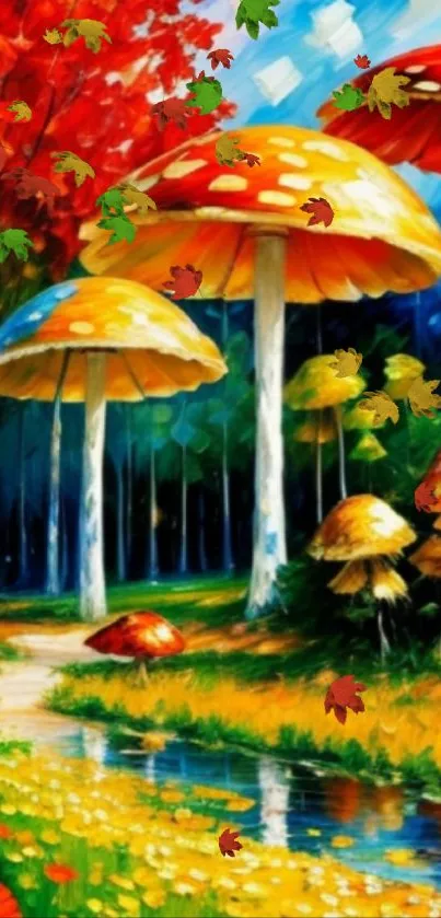 Colorful fantasy forest with mushrooms and autumn leaves.