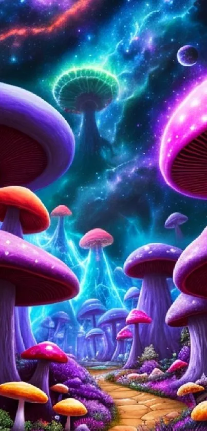 Vibrant fantastical landscape with colorful mushrooms and a cosmic sky.