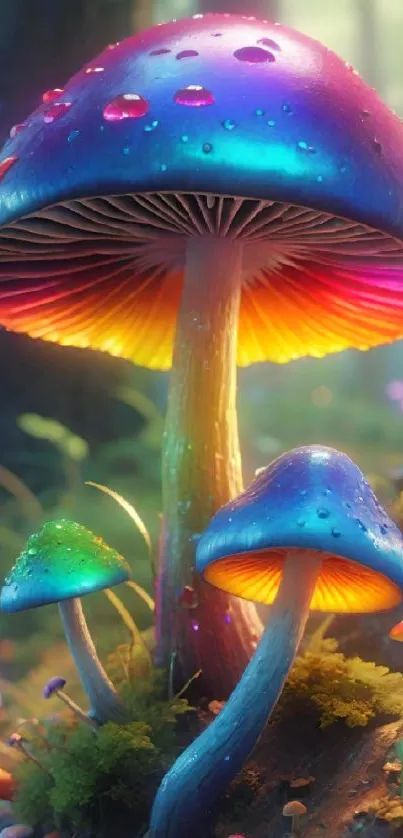 Vibrant mushrooms in a magical forest setting with colorful fungi.
