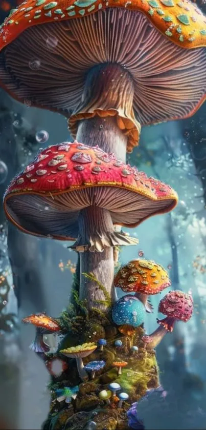 Vibrant fantasy mushrooms in a mystical forest setting, full of magical colors.