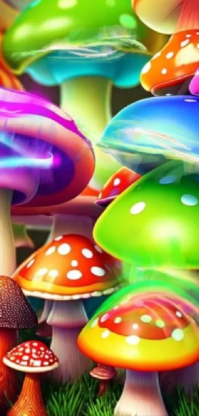 Colorful fantasy mushrooms in a vibrant forest scene.