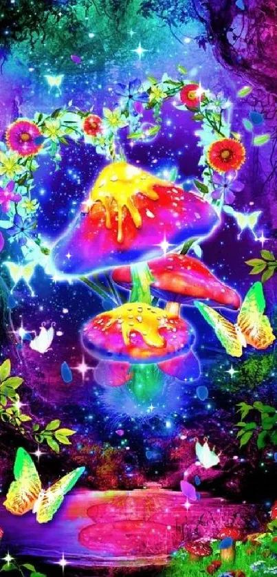 Vibrant fantasy mushroom and butterfly wallpaper