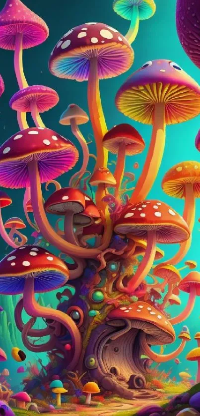 Colorful fantasy mushroom forest wallpaper for mobile.