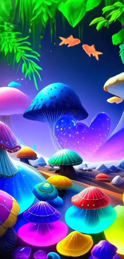 Vibrant glowing mushrooms in a fantasy landscape with magical colors.