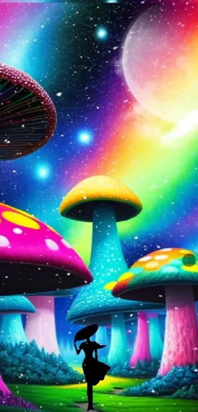 Vibrant fantasy landscape with colorful mushrooms under a starry night sky.