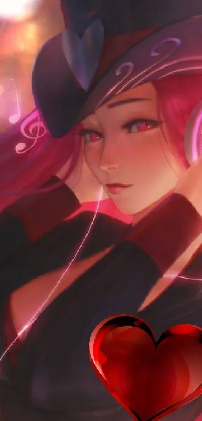 Fantasy character with pink hair and heart theme, listening to music.