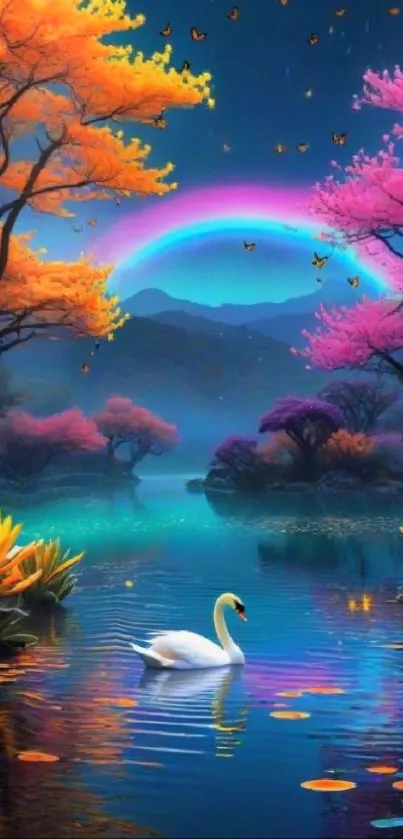 Vibrant fantasy scene with swan on a colorful lake under a rainbow sky.