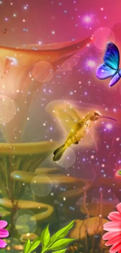 Fantasy nature wallpaper with hummingbird, butterfly, and colorful flowers.