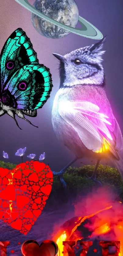 Fantasy nature wallpaper with butterfly, bird, planet, and fiery heart elements.