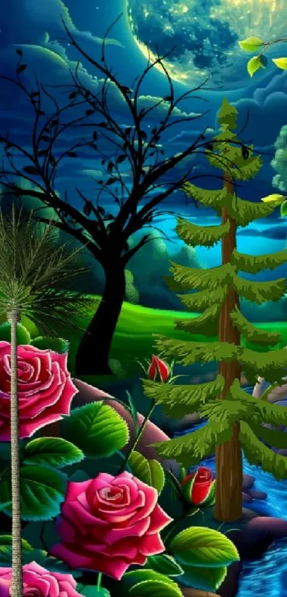 A surreal forest scene with roses under a moonlit sky.