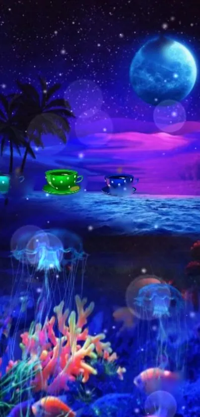 Fantasy night wallpaper with glowing cups and moonlit ocean.