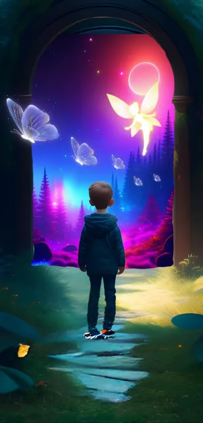 Vibrant neon nightscape with fantasy forest and glowing path.