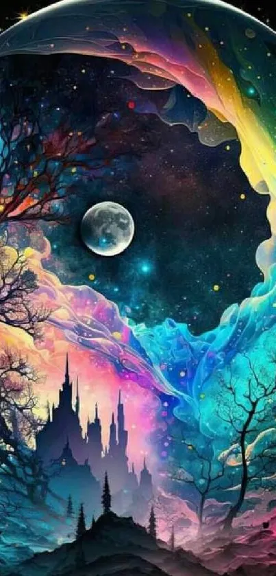 Vibrant fantasy nightscape with colorful swirls and moonlit sky.