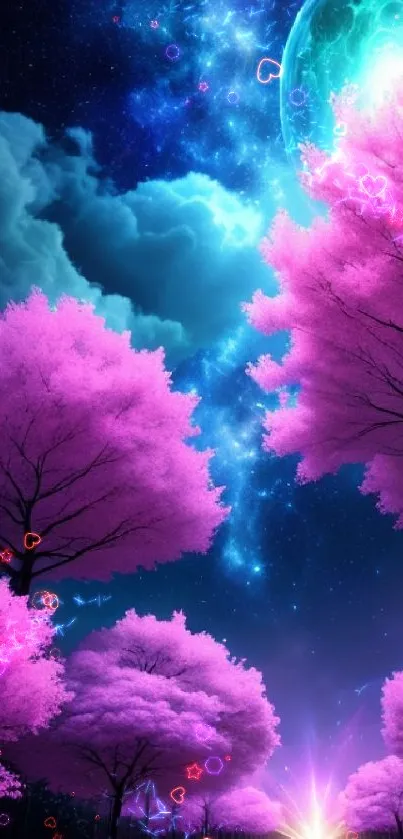 Fantasy wallpaper of pink trees at night with glowing moon and stars.