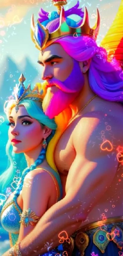 Colorful fantasy couple by ocean on mobile wallpaper.