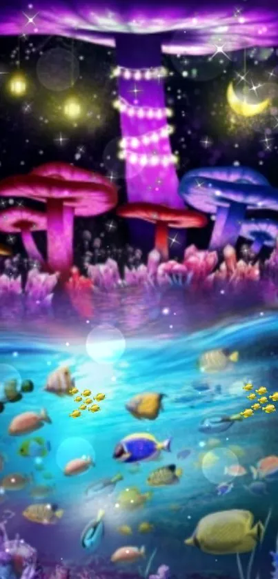 Fantasy wallpaper with glowing mushrooms above an ocean filled with colorful fish.