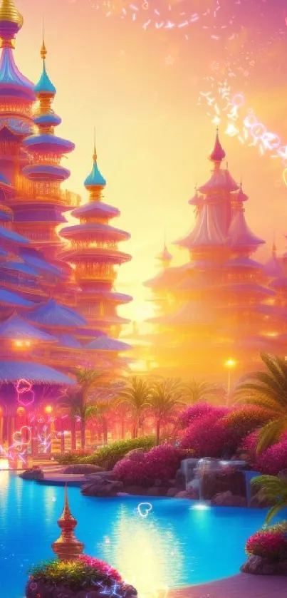 Vibrant fantasy palace at sunset with colorful turrets and lush gardens.