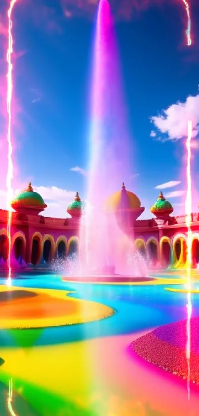 Vibrant fantasy palace with colorful fountain and bright design.
