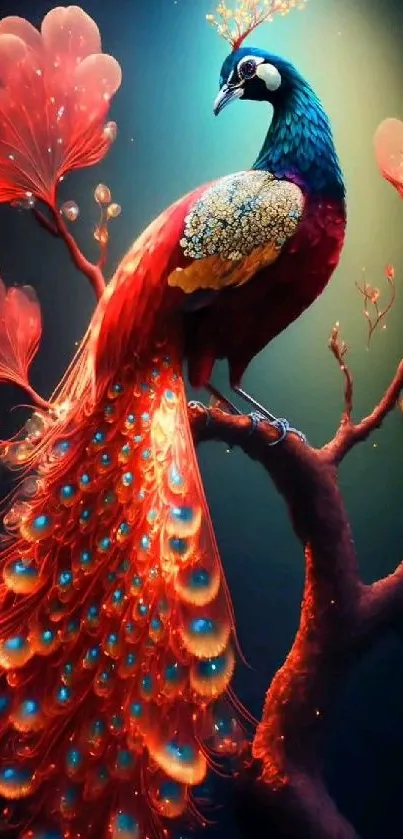 Vibrant fantasy peacock on a tree branch with colorful feathers.