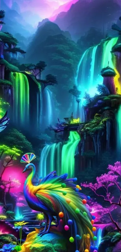 Colorful peacock in fantasy waterfall landscape.