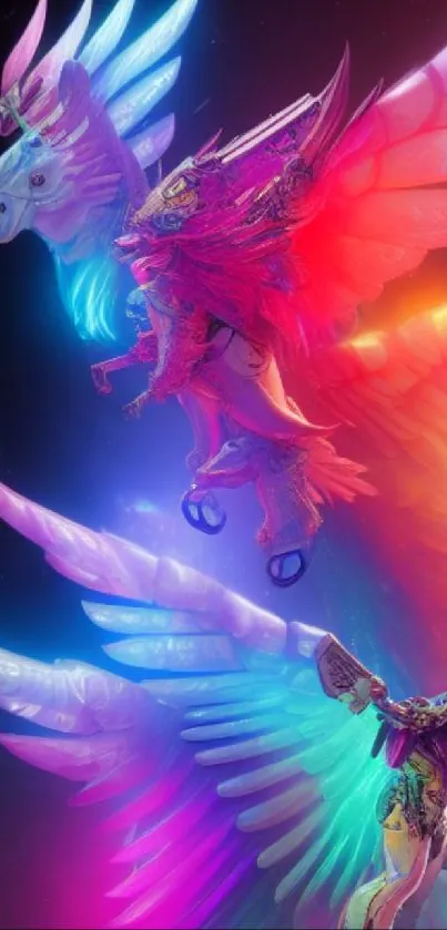 Vibrant fantasy art of Pegasus with neon colors.