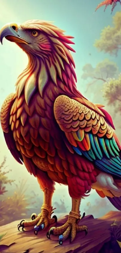 Vibrant fantasy phoenix standing on a rock in a lush forest.