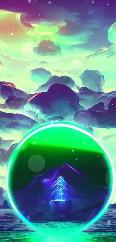 Vibrant fantasy wallpaper with neon colors and glowing orb against cloudy sky.