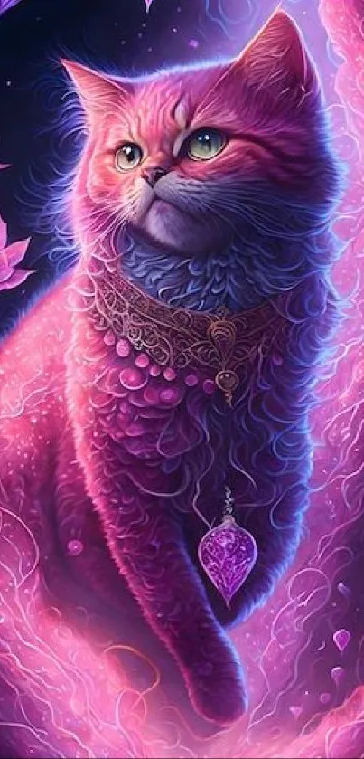 A vibrant, whimsical cat illustration in purple hues.