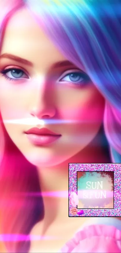 Vibrant fantasy portrait with pink and blue hues.